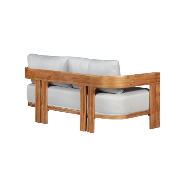 Modern Paradiso Outdoor Solid Teak Wood Love Seat - Light Gray Fabric For Sale - Image 3 of 9