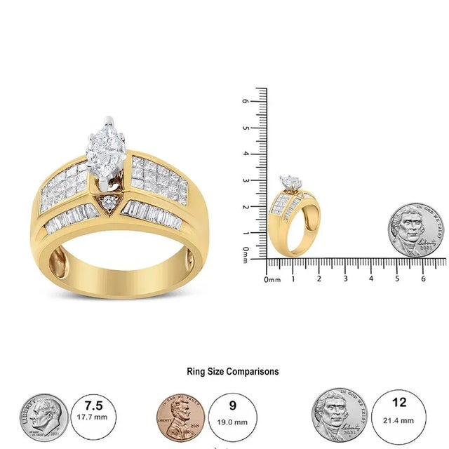 14K Yellow and White Gold 1 3/4 Cttw Round, Baguette, Princess and Pie-Cut Diamond Ring (H-I Color, SI1-SI2 Clarity), Size 7 For Sale - Image 4 of 6