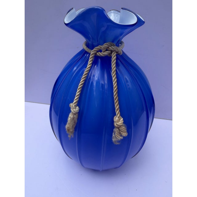 Large Vintage Hand-Blown 8" Blue Glass Opaline Money Bag Vase For Sale - Image 10 of 12