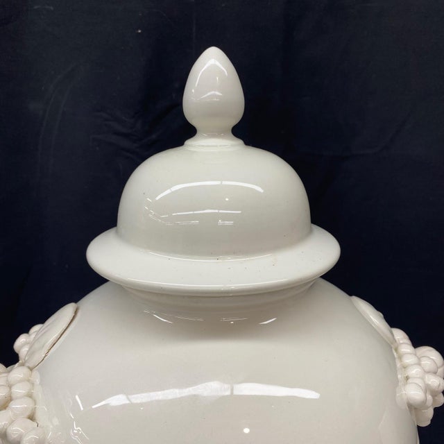 Italian Large Antique Italian Pair of White Ceramic Apothecary Style Urn Vases -a Pair For Sale - Image 3 of 12
