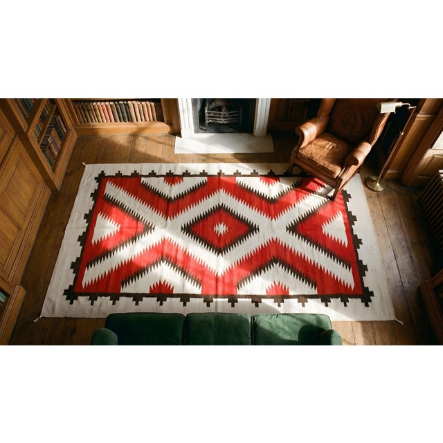 Textile 1920s Red Geometric Tribal Antique Navajo Rug 5 X 8.03 Flatweave Wool Carpet For Sale - Image 7 of 8