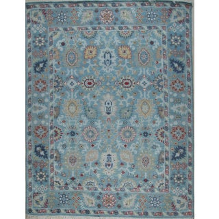 8x10 Turquoise Traditional Floral Oushak Hand Knotted Wool Carpet Rug For Sale