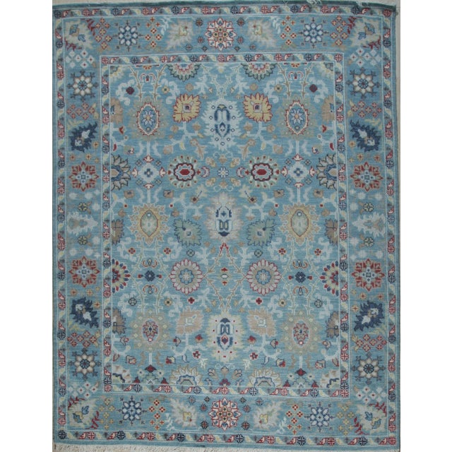 8x10 Turquoise Traditional Floral Oushak Hand Knotted Wool Carpet Rug For Sale