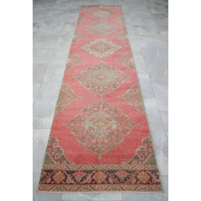 Vintage Turkish Runner Rug Hand-Knotted Coral Pink Hallway Runner Authentic Oushak Rug 3x13 Ft Approx For Sale - Image 6 of 13