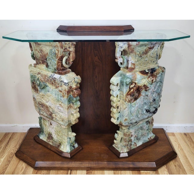 Antique Chinese Mottled Jade Green Hardstone Pair Urns as Altar Console Table For Sale - Image 10 of 11