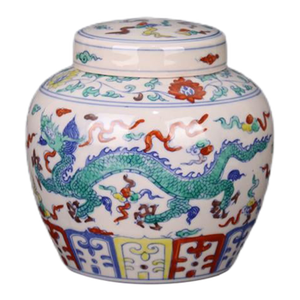 Early 20th Century Chinese Ceramic Tea Jar China Blue and White Doucai Porcelain Chenghua Tian Marked Jar Hand Painted Double Dragons Pattern