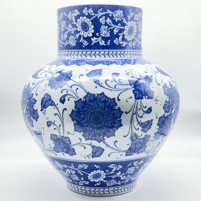 Handmade Ceramic Monumental Vase (50cm) Wide-Neck “Baba Nakkas” Blue & White Design – Grand Floor or Table Centerpiece For Sale - Image 9 of 10
