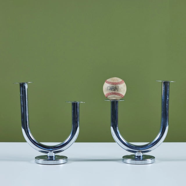 Mid-Century Modern Pair of Chrome 'Taurex' Candlestick Holders by Walter Von Nessen for Chase For Sale - Image 3 of 11