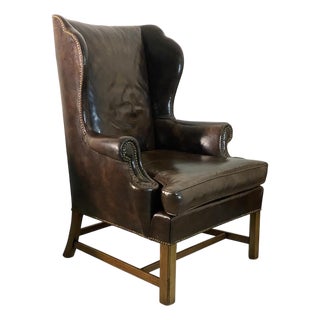Vintage Baker Furniture Georgian Style Brown Leather Wingback Armchair For Sale