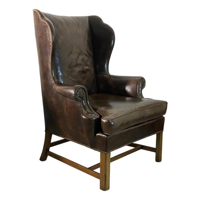 Vintage Baker Furniture Georgian Style Brown Leather Wingback Armchair For Sale