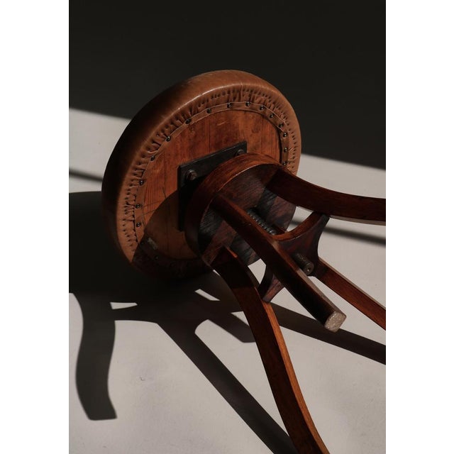 Danish Modern Swivel Stool in Patinated Leather & Oak from Fritz Hansen, 1930s For Sale - Image 9 of 17