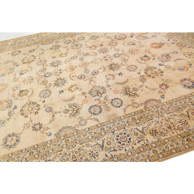 Floral Antique Persian Kashan Handmade Wool Rug in Beige For Sale In New York - Image 6 of 7