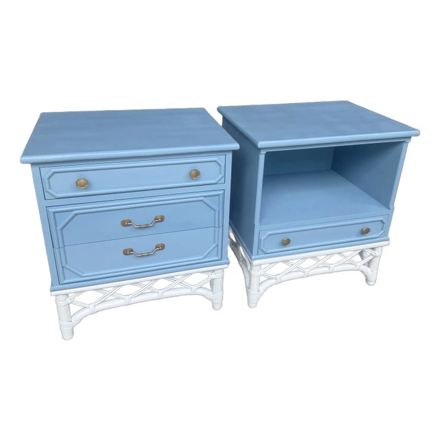 Chic Vintage Palm Beach Regency Ficks Reed Attributed Faux Bamboo Rattan Nightstands - Newly Painted French Blue With White Lattice Base - A Pair For Sale