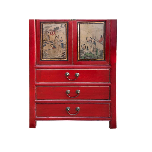 Brick Red Vintage Oriental Red Beige People Scenery Graphic Storage Cabinet For Sale - Image 8 of 14