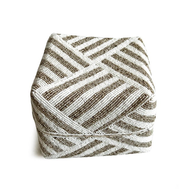 Beautiful vintage hand beaded accessory box made from woven bamboo and intricately covered with striped patterns of tan...