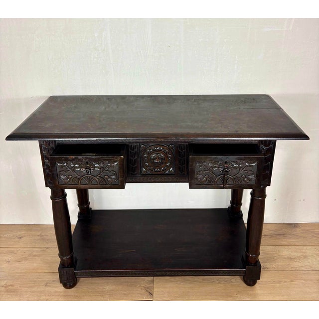 Spanish Carved Oak Console Table with Drawers, 1880 For Sale - Image 9 of 11