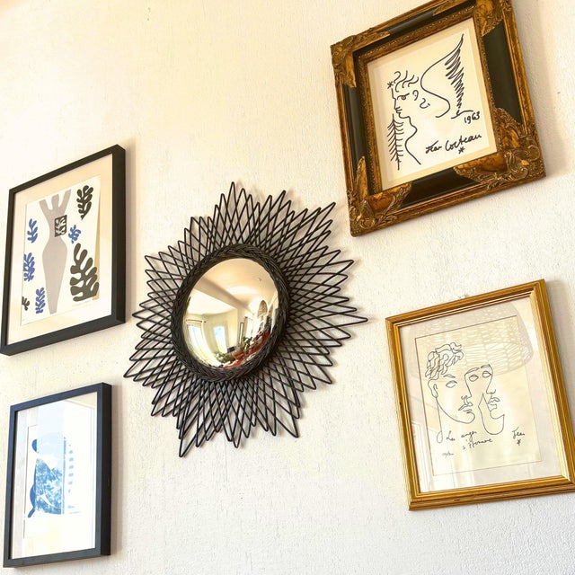 Vintage French Sunburst Mirror in Ebonized Wicker with Convex Glass, 1950s For Sale - Image 4 of 7