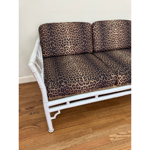 Mid 20th Century Vintage Faux Bamboo Iron Chinoiserie Loveseat Settee With Leopard Print Cushions For Sale - Image 12 of 12