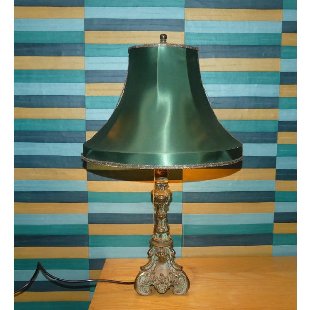 Vintage Table Lamp in Brass and Dark Green Satin Shade, 1920s For Sale - Image 13 of 13