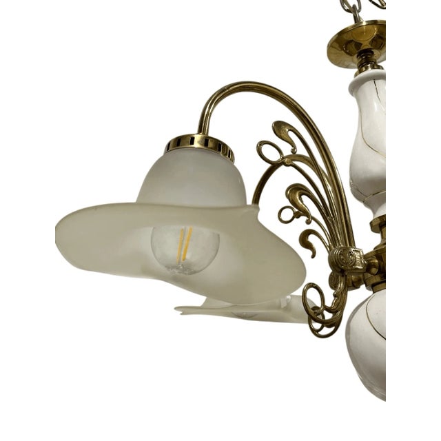 Vintage Art Nouveau Style Fleur De Lis Calla Lillies Shades 5 Arms Chandelier For Sale - Image 12 of 13