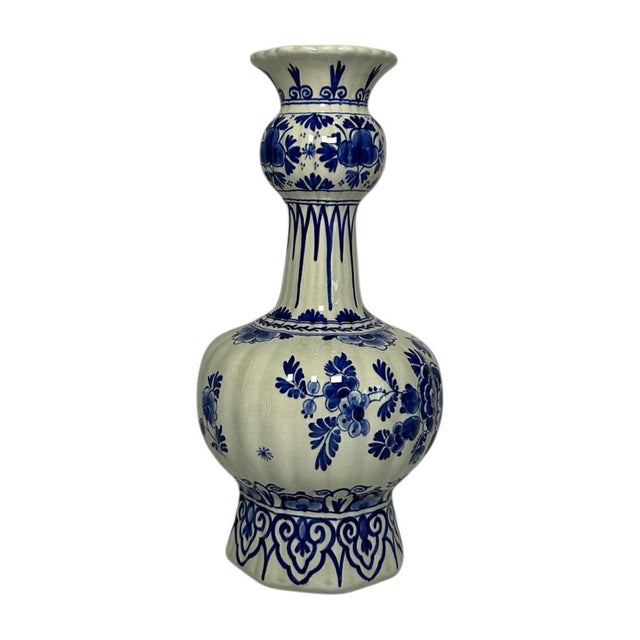 Vintage hand-painted Royal Delft / De Porceleyne Fles vase from 1956, decorated in Delft blue with floral motifs on a...