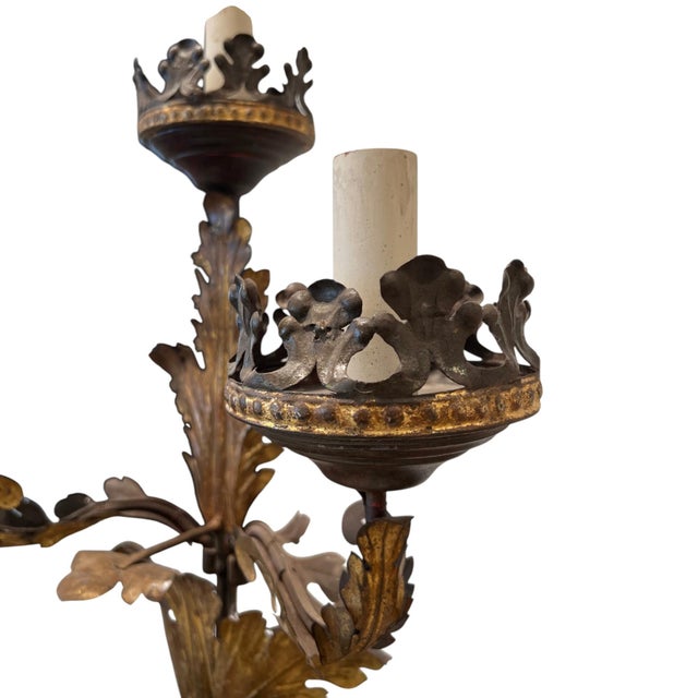 Metal 19th Century Pair of 3 Arm Italian Candelabras in Gilded Tole For Sale - Image 7 of 7