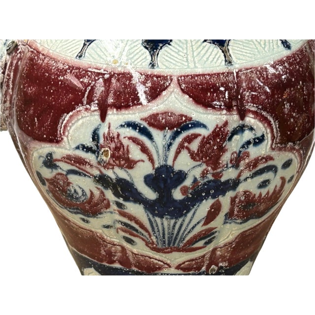 Orient Crackle Blue Red White Floral Graphic Ceramic Jar For Sale - Image 9 of 16
