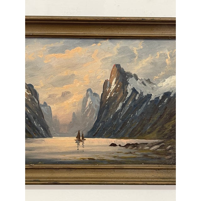 Vintage Signed K. Fjeilberg Mountain Landscape Painting With Sailboats in Gilt Wood Frame Possibly 1930s Norway. For Sale - Image 10 of 10