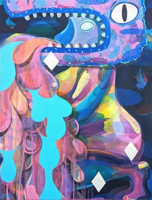 2021 Contemporary Abstract Purple and Blue Toned Biomorphic Dragon Figure Painting by Cecilia Beaven