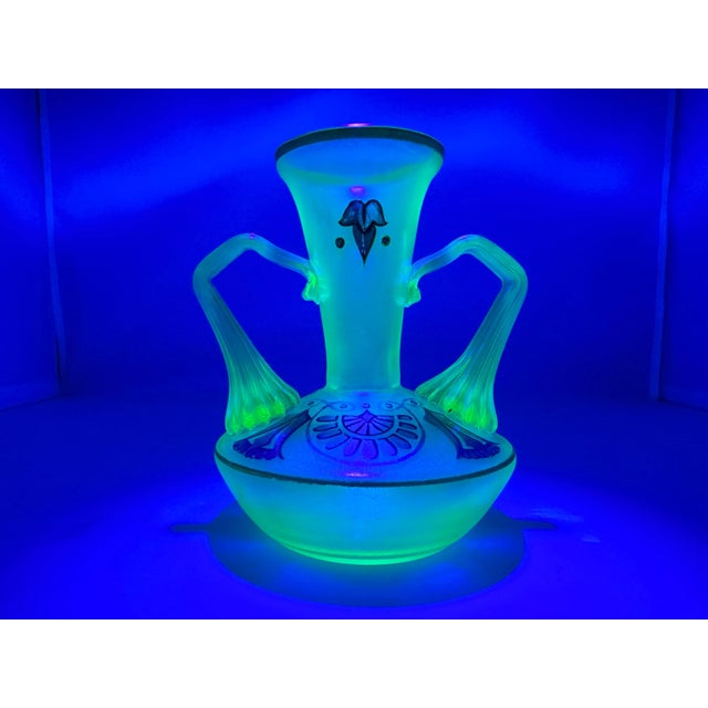 Art Deco Enameled Uranium Art Glass Vase by Fritz Heckert for your consideration. The vase measures approx. 5 1/2 inches...