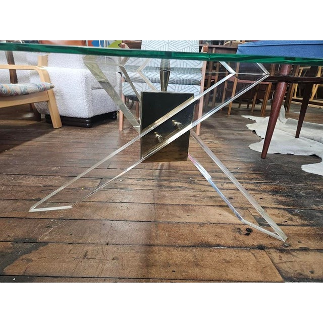 Mid-Century Modern Mid Century Coffee Table With Angled Brass and Lucite Base With Triangle Glass Top. For Sale - Image 3 of 10
