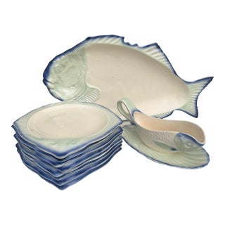 1930s French Majolica Fish Set 12 Plates 1 Platter & 1 Saucer Montereau - 14pcs For Sale