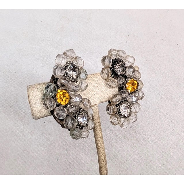 Mid-Century Modern Vintage 1960s Signed Ornella Italy Clear Beaded Clear & Faux-Citrine Clip Earrings-2 Pieces For Sale - Image 3 of 8