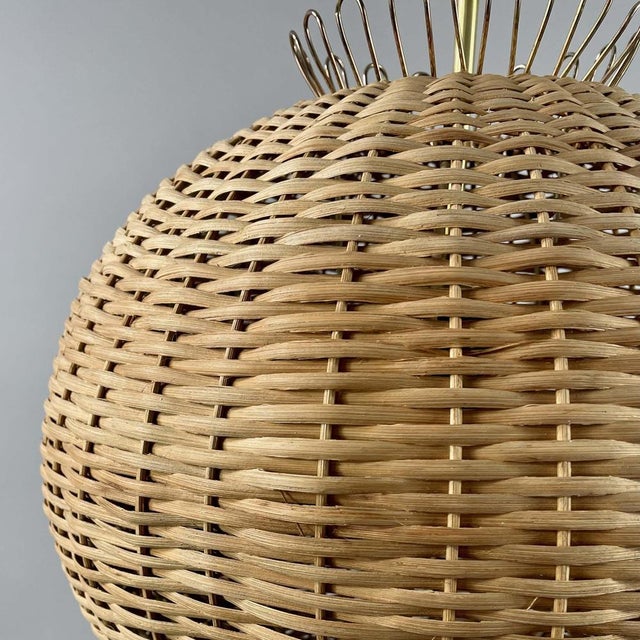 Mid-Century Modern Swedish Ball Rattan and Brass Pendant Light, 1950s For Sale - Image 4 of 16