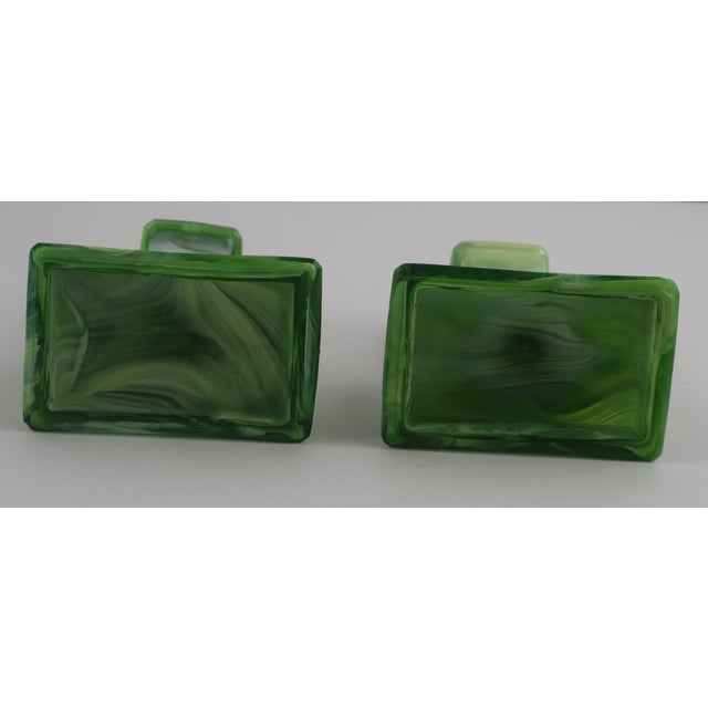 Art Deco Green Slag Glass Vanity Set – 7 Piece Dresser Set With Tray, Candlesticks & Ring Holder For Sale In Philadelphia - Image 6 of 16