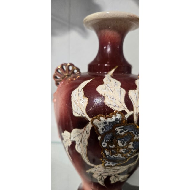Ceramic Pair of Antique Japanese Satsuma Moriage Peony Vases 19th C Expertly Restored For Sale - Image 7 of 8