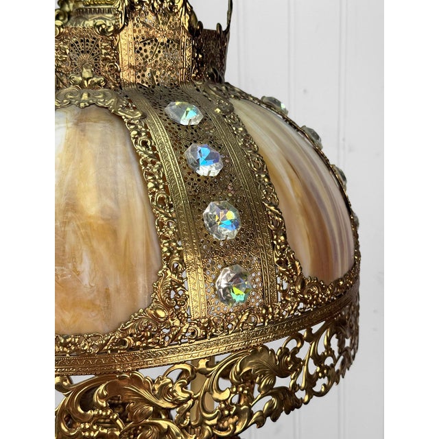 Glass Vintage 40" Hollywood Regency Gold Slag Glass Jeweled Crown Table Lamp For Sale - Image 7 of 13