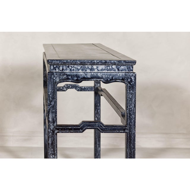 Marbleized Console Table with Silver and Black Finish and Humpback Stretcher For Sale - Image 11 of 12