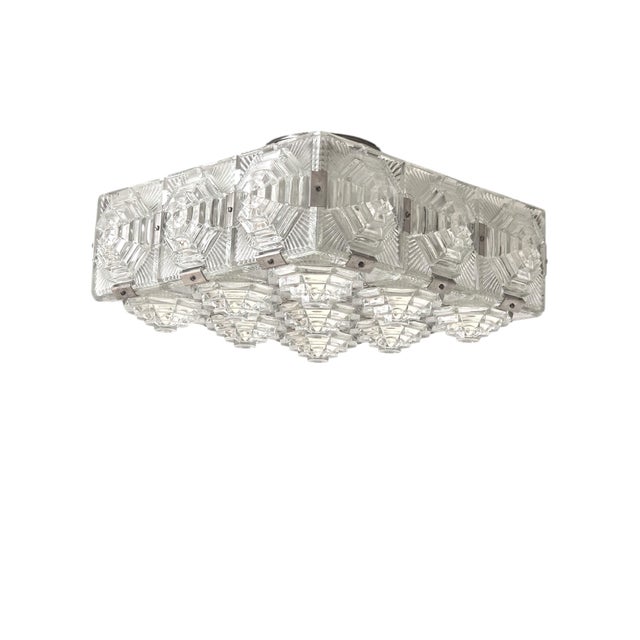 Mid 20th Century Art Deco Revival Geometric Glass Flush Mount /Ceiling Pendant W/ Nickeled Clips For Sale - Image 13 of 16