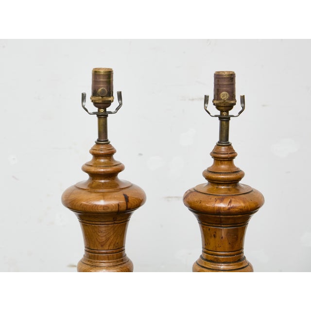 Wood Mid 20th Century Mid Century Modern English Turned Pine Table Lamps with Plinth Bases - a Pair For Sale - Image 7 of 12