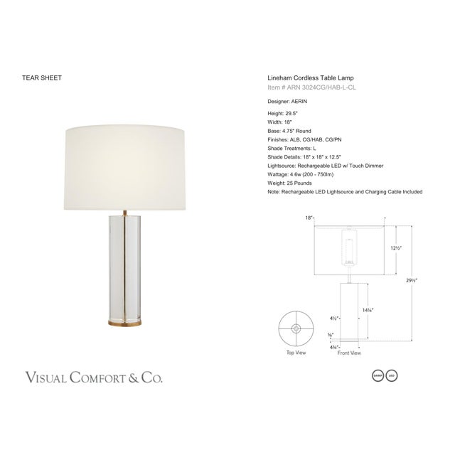 AERIN by Visual Comfort Signature Lineham Cordless Table Lamp in Crystal and Hand-Rubbed Antique Brass with Linen Shade...