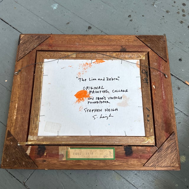 Contemporary Original Stephen Heigh Abstract Painting Over Vintage Book Page “The Lion and Zebra” in Gilt Wood Frame For Sale - Image 4 of 4