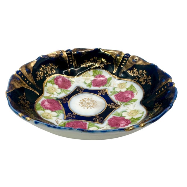 Ceramic 1920s Porcelain Decorative Bowl With Hand-Painted Roses and Cobalt Blue Rim by LPF Germany For Sale - Image 7 of 12