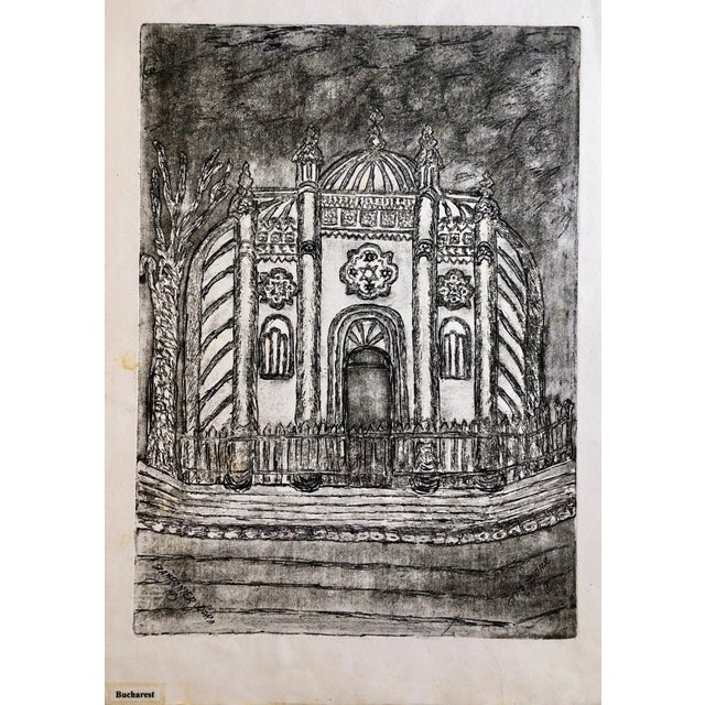 Etching of Synagogue, Jewish temple. From very rare small edition. Most are signed in Hebrew and /or English. some are...
