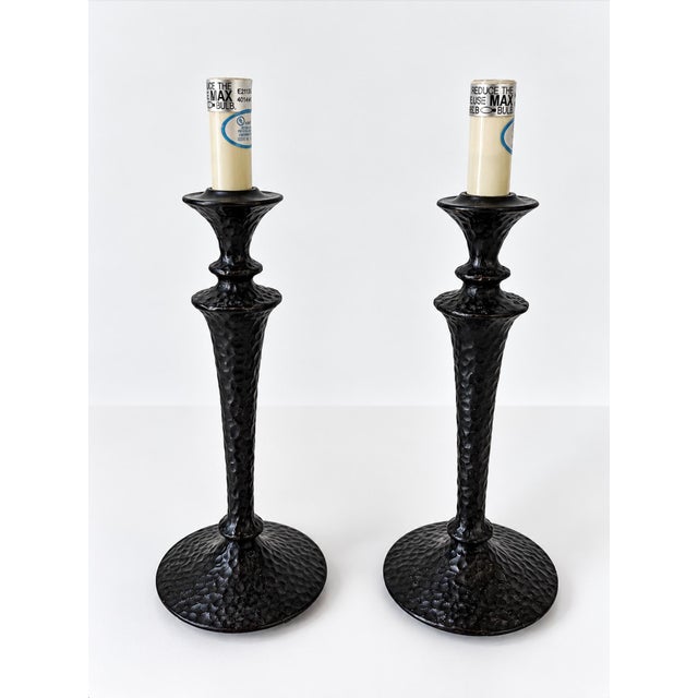 2000 - 2009 Small Dark Patinated Brass or Bronze Giacometti Style Table Lamps - Pair For Sale - Image 5 of 14
