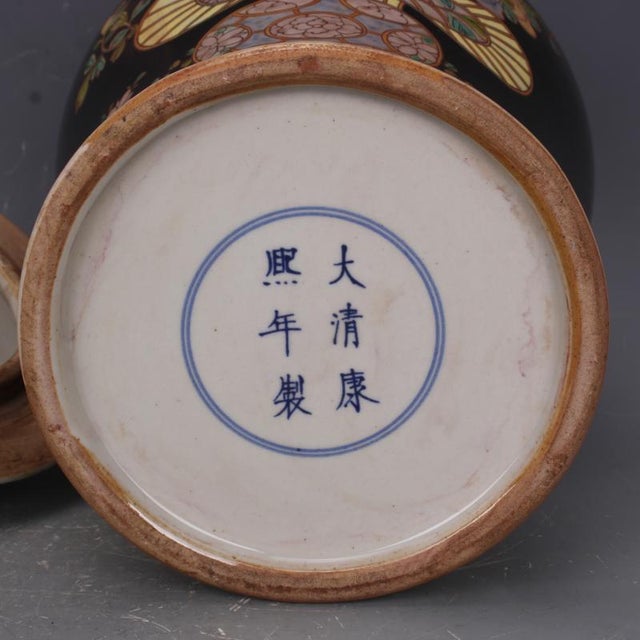 Early 20th Century Antique Chinese Ceramic Pot Qing Dynasty Kangxi Marked Black Ground Famille Rose Porcelain Ginger Jar Hand Painted Flowers Pattern For Sale - Image 5 of 7