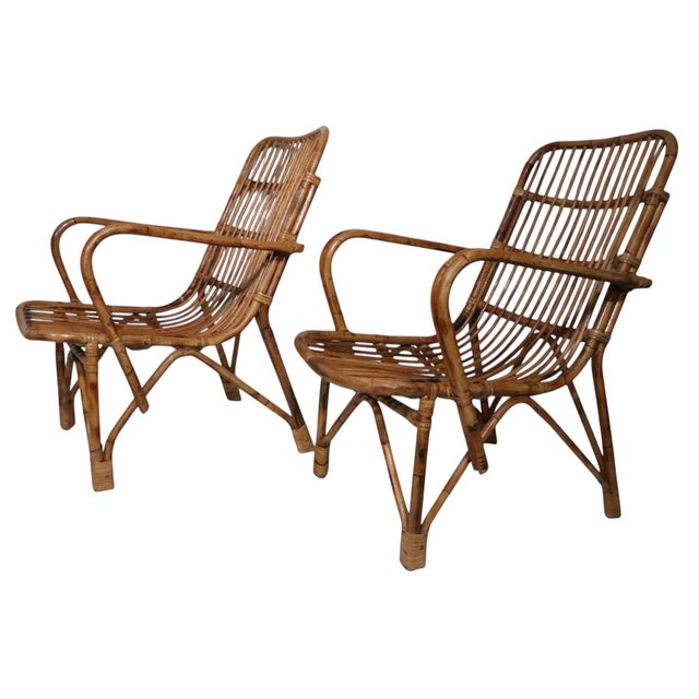 Pr. Coastal Style Mid 20th Century Bamboo Rattan Lounge Chairs For Sale - Image 11 of 12