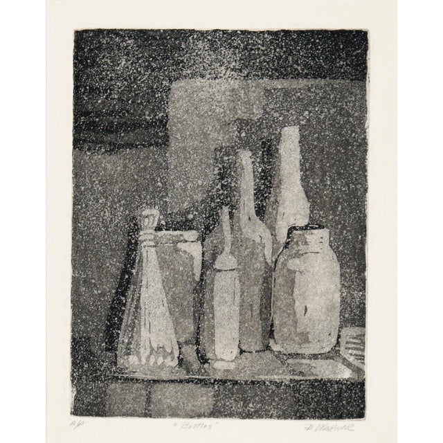 Still life etching by Doris Ann Warner (American, 1925-2010). Several ornate bottles are arranged on a shelf. There is a...