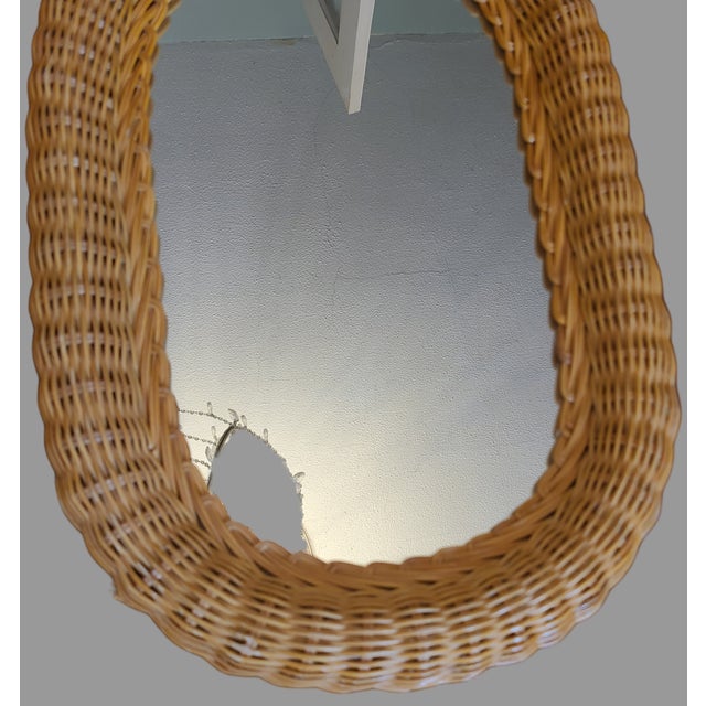 Vintage Coastal Tropical Boho Natural Wicker Rattan Wall Mirror Decor Oval For Sale - Image 6 of 8
