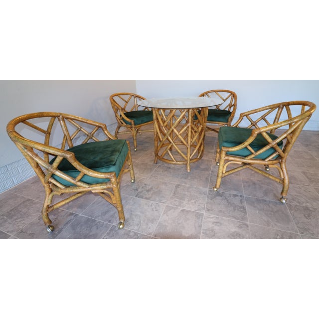 Mid-Century Hollywood Regency Rattan Dining Set With Brass Casters, Attributed to Ficks Reed For Sale - Image 9 of 15